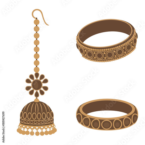 Traditional Indian jewelry set featuring a maang tikka with a jhumka pendant and two intricately designed bangles in gold tones.