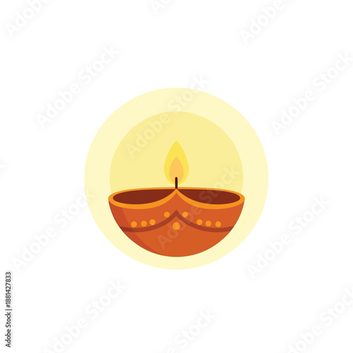 A traditional Indian clay oil lamp, known as a diya, with a bright yellow flame, set against a soft glowing circular background.