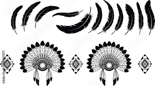 Tribal feather and headdress vector illustration set, black and white native inspired symbols, boho ethnic elements for cultural design