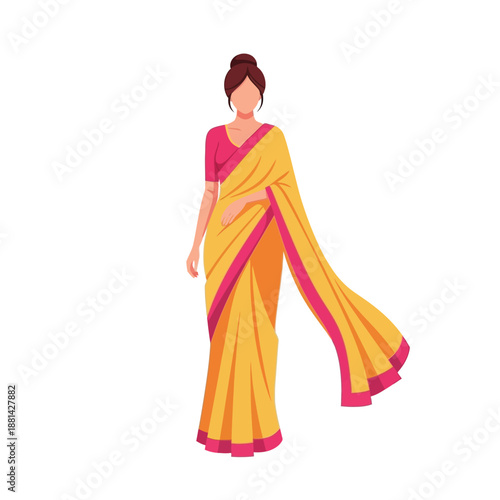 A woman wearing a traditional yellow and pink Indian saree with her hair tied in a bun, standing elegantly.