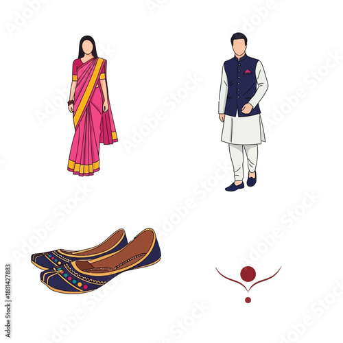 Illustrations of traditional Indian attire including a woman in a saree, a man in kurta pajama, jutti shoes, and a bindi.
