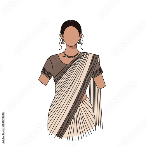 Stylized illustration of an Indian woman in traditional attire, wearing a beige saree with a dark border and a brown blouse, adorned with simple jewelry.
