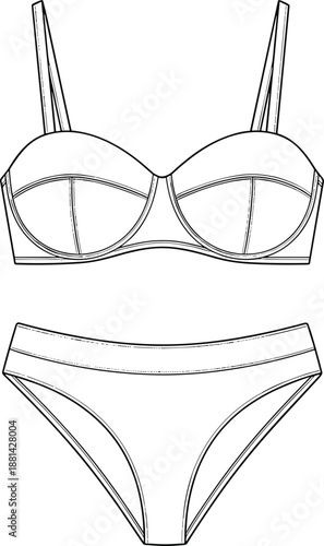 Women lingerie bikini technical sketch, bra and panty set fashion template, underwear design blueprint, cad drawing flat vector illustration