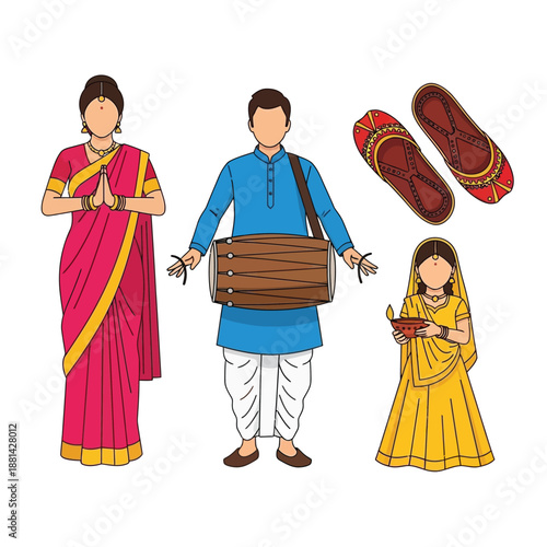 Illustration of Indian family celebrating festival with traditional attire and musical instrument.