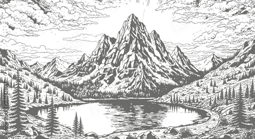 Majestic mountain peak towers over a serene alpine lake in detailed black and white pen and ink drawing