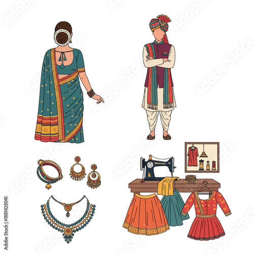 Illustrations of traditional Indian attire for men and women, along with ethnic jewelry and a sewing setup for garment creation.
