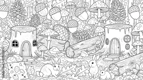 Whimsical forest coloring page illustration, cute woodland animals, rabbits mushrooms acorns, fairy tale stump houses, detailed black and white line art