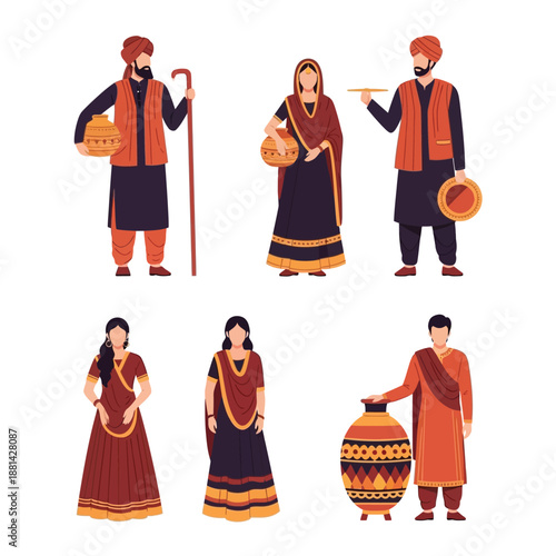 Diverse group of Indian people in traditional attire, showcasing cultural clothing and daily life objects.