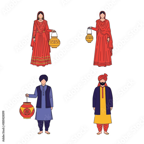 Four figures in traditional South Asian attire, including two women in red dresses and two men in kurtas, some holding traditional lanterns.