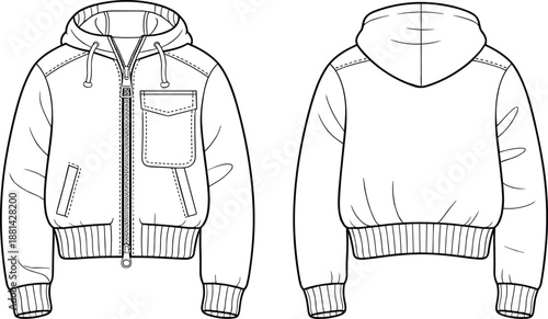 Front and back zip up hoodie jacket technical fashion sketch with hood, pocket and ribbed details for apparel production, cad drawing flat vector illustration