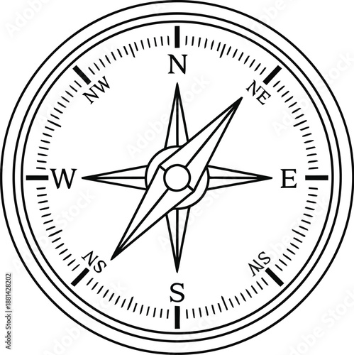 Simple black and white line art drawing of a classic navigational compass rose pointing north