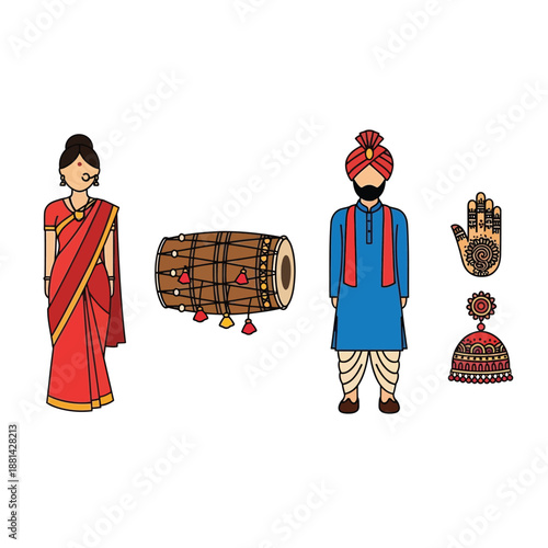 Traditional Indian cultural elements featuring a woman in a saree, a man in a kurta and turban, a dholak drum, mehndi hand, and jhumka earring.