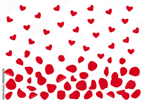 hearts and red rose petals and pattern on white background vector illustration