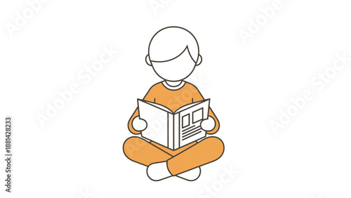 A young boy sits cross legged reading a book with a calm expression on his face in a simple line drawing style