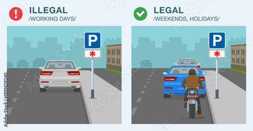 Safe driving tips and traffic regulation rules. Parking is legal on weekends and public holidays. Back view of cars and motorcycle parked at curb. Flat vector illustration template.