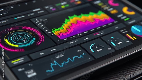 Close-up of a digital audio workstation interface on a tablet screen displaying colorful graphs and controls.