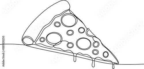 Minimalist continuous line art drawing of a delicious slice of pepperoni pizza dripping cheese