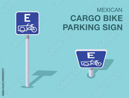 Traffic regulation rules. Isolated mexican "cargo bike parking" road sign. Front and top view. Flat vector illustration template.