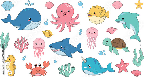 Cute kawaii sea life vector set with whale octopus shark dolphin sea turtle narwhal and colorful ocean reef elements