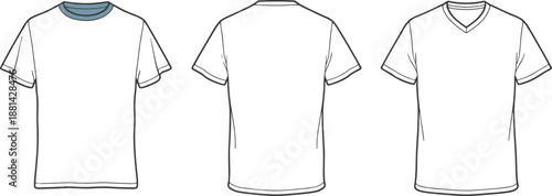 Front, back and neckline t-shirt technical fashion drawing showing crew neck and v neck options for apparel design reference, cad drawing flat vector illustration