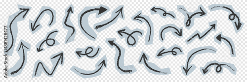 Modern sketch arrow symbols. Doodle arrows sticker collection. Curved arrows icon set. Dynamic hand drawn directions. Informal navigation symbols