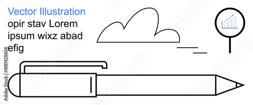 Business tools, data analysis, writing essentials, creative work, productivity, minimalist design. A pen, cloud line art text and magnifier with graph. Business tools and data analysis concept
