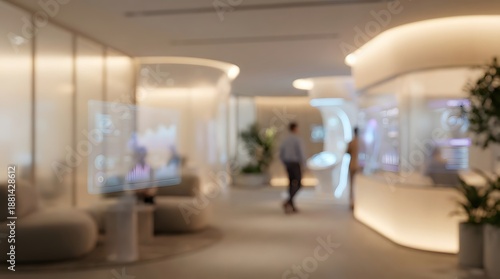 Soft focus view of a modern office interior with sleek design and subtle lighting