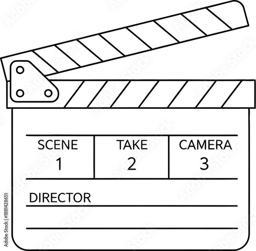 Simple black and white line art icon of an open movie film clapperboard ready for action