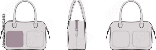 Front, side and back handbag technical fashion drawing with handles, zipper and pocket details for accessories design reference, cad drawing flat vector illustration