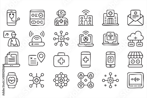 Healthcare Technology Icons for Telemedicine and Mobile Apps