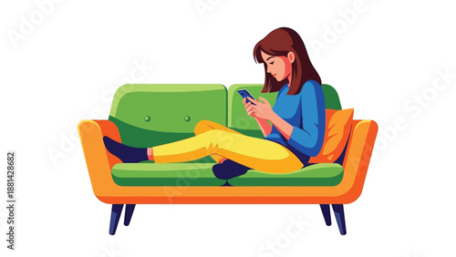 Young woman relaxing comfortably on a vibrant sofa while attentively using her mobile smartphone device for digital communication or browsing activities