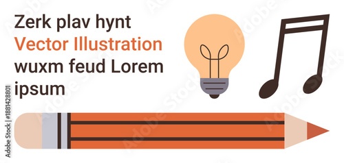 Illustration for creativity, education, design, art, music, innovation. Features a lightbulb, music note and pencil on a white background. Creativity and education concept