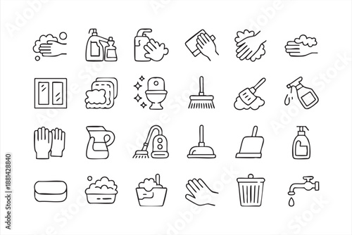 Cleaning Tool and Hygiene Icons for Domestic Maintenance Graphics