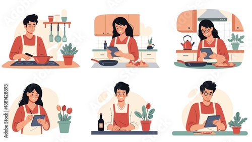 A collection of six illustrations depicting men and women engaged in various domestic kitchen activities like cooking and using digital tablets for recipes or notes