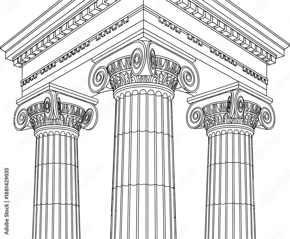 Obraz premium Black and white line art drawing of three ionic columns supporting a classical architectural entablature detail