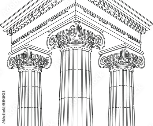 Black and white line art drawing of three ionic columns supporting a classical architectural entablature detail