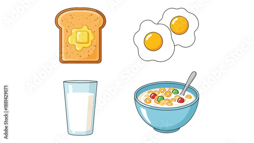 Delicious cartoon breakfast elements featuring buttered toast, sunny side up eggs, a glass of milk, and a bowl of colorful cereal offer variety.