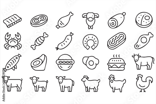 Culinary Meat and Fish Line Icons for Recipe and Menu Design