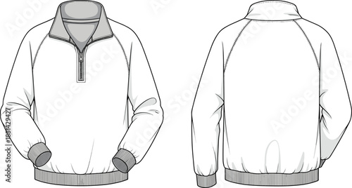 Half zip pullover jacket CAD drawing flat vector illustration with front and back views technical casual apparel design