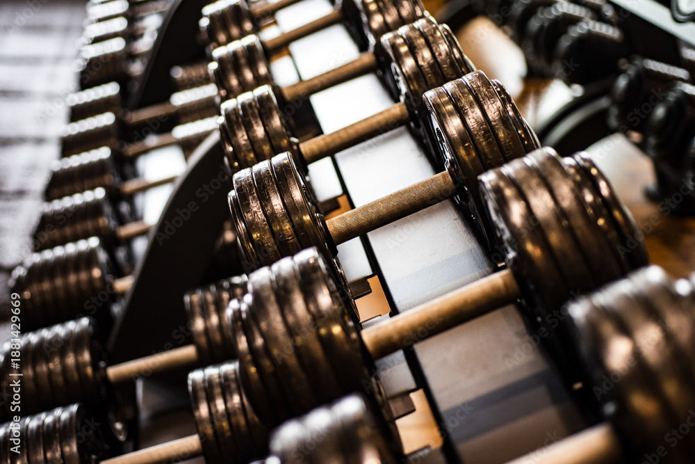 Fototapeta premium Dumbbells on a gym rack. Training sport power equipment. Dumbbells arranged in rows for gym workout. Dumbbells made of heavy metal for muscle building. Dumbbells in a modern gym.