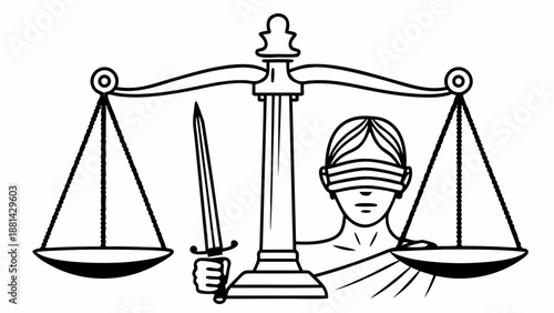 Blind justice illustration featuring scales and sword symbolizing fairness and law