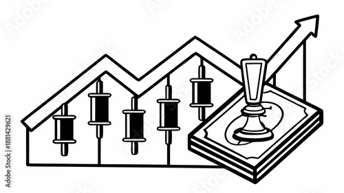 A black and white illustration of candlestick charts on a graph with a trophy on a stack of papers and an upward trending arrow, symbolizing success in business and finance.
