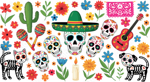 Mexican day of the dead vector set with sugar skulls skeletal cat dog guitar maracas sombrero and colorful flowers