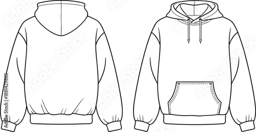 Hoodie sweatshirt CAD drawing with front and back views, hood, pocket and cuff details, casual fashion apparel technical illustration, cad drawing flat vector illustration