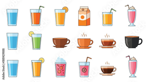 Collection of various beverage icons including water juice coffee milkshakes and hot drinks presented in simple flat vector illustration style