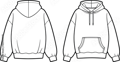 Hoodie CAD drawing with front and back views, drawstring hood, kangaroo pocket and ribbed cuffs, casual streetwear apparel technical illustration, cad drawing flat vector illustration