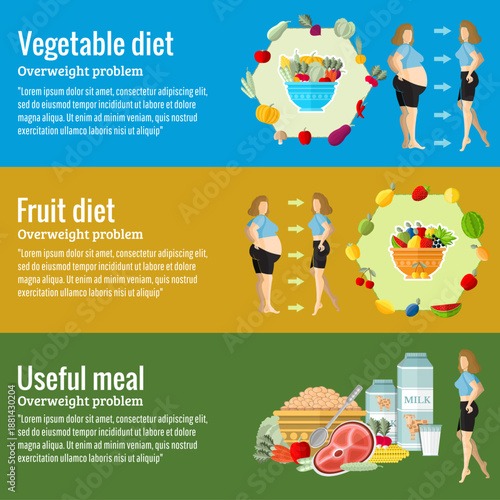 Active Lifestyle Vector Infographic In Flat Style. Concepts Design for Defferent Diet and Dealth Care, Vegetable And Frui diet, Useful Meal.