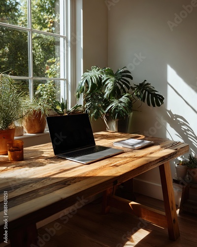 A person works on a laptop at a rustic wooden desk bathed in warm sunlight streaming through a window, surrounded by lush plants.