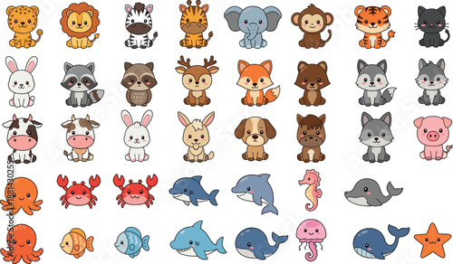 Mega collection of cute kawaii animals and sea life characters including lion elephant shark dolphin and forest pets vector