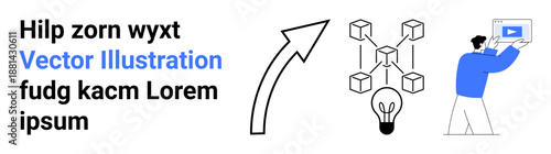 Blockchain cubes connected thumbs up a network, lightbulb symbolizing ideas, man holding device with video. Ideal for tech, blockchain, innovation, design, creativity, education simple landing page